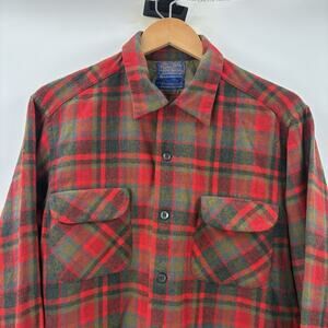 Vintage 60s Pendleton Board Shirt Sz L Red Plaid Wool Loop Collar Rugged CALI